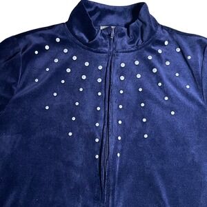 REBECCA MALONE Navy Velour Zip Up Jacket Rhinestone Studded Women M